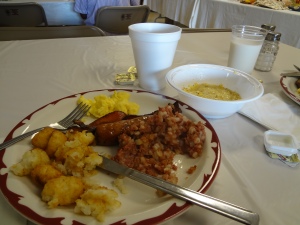 We shared this plate at the local fire department's breakfast fundraiser.  Eggs, sausage, bacon, tater tots, corned beef hash, all on real plates with real silverware.  In the bowl is the best grits I've ever tasted.