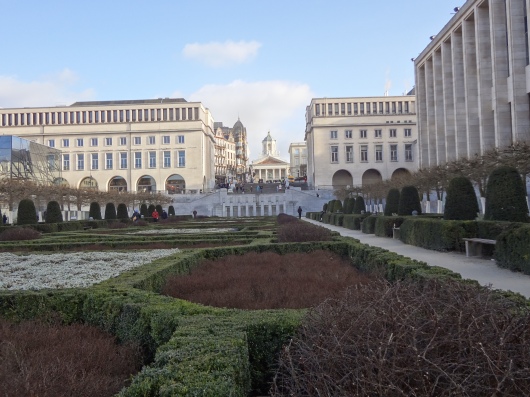 Looking up through Mont des Arts toward the Palace Royale.